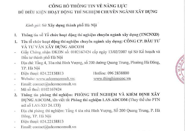 CONG BO THONG TIN VE NANG LUC DU DIEU KIEN HOAT DONG THI NGHIEM CHUYEN NGANH XAY DUNG